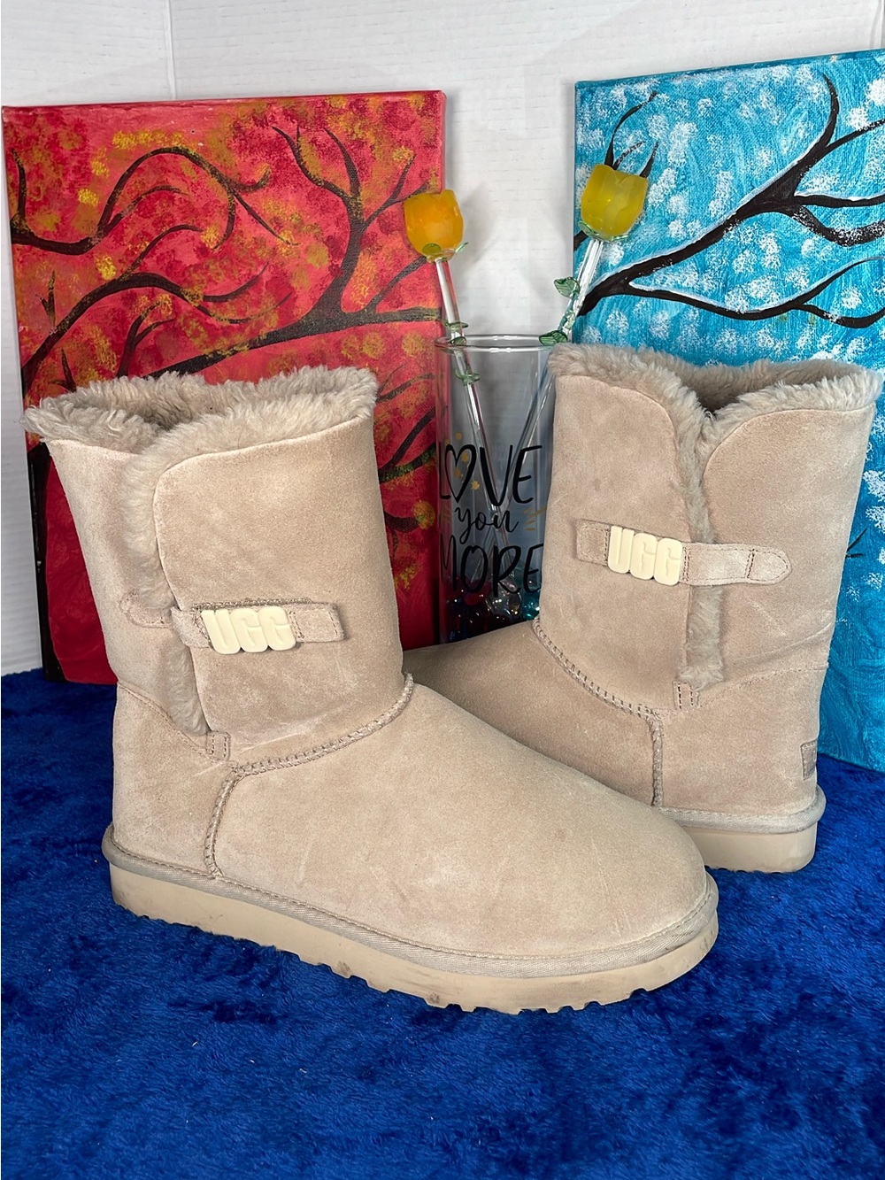 UGG Women's Short Suede Shearling Boots - Chestnut Tan, size 10 women’s.